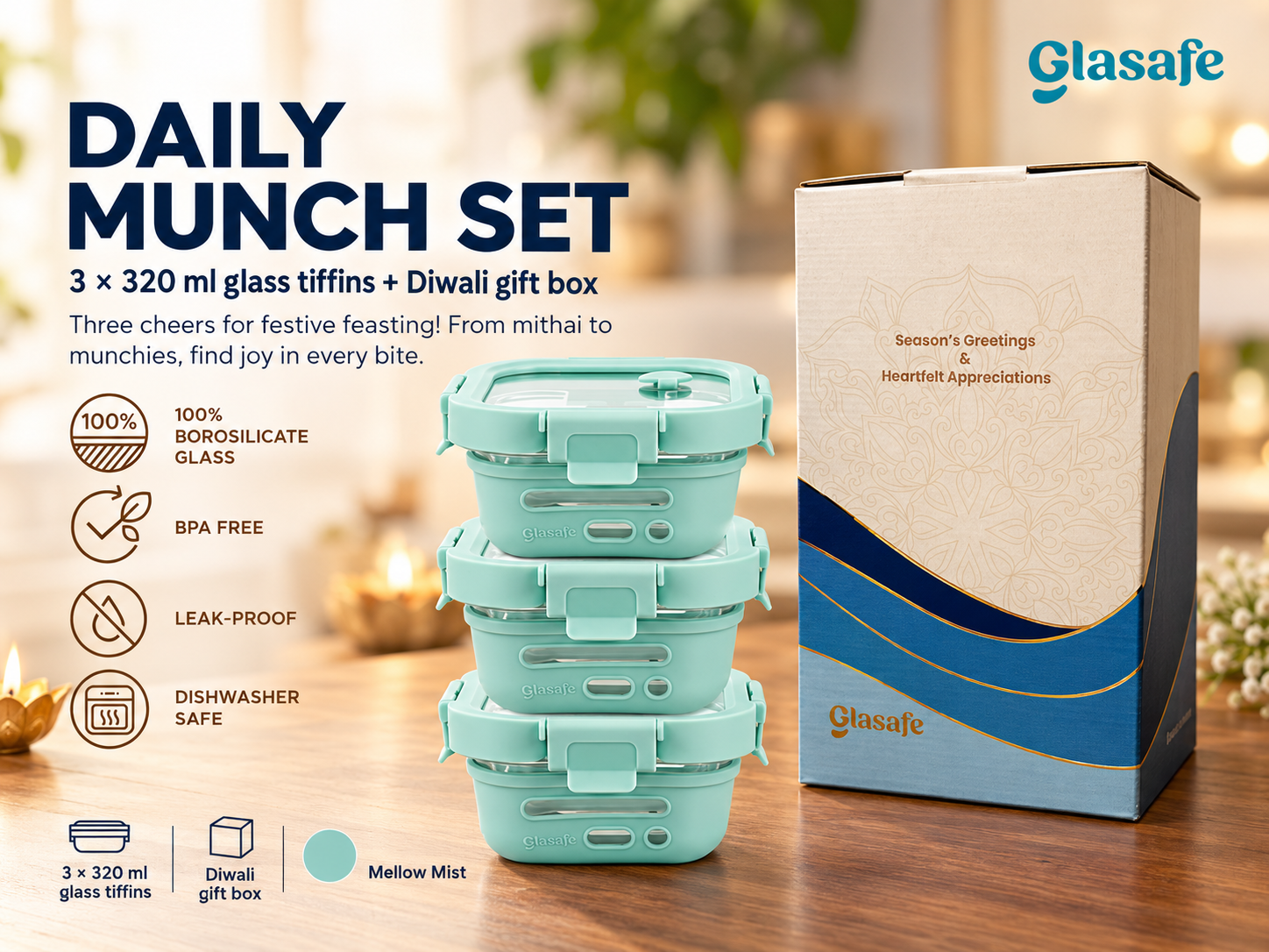 Glasafe Daily Munch Set 3 x 320ml Glass Tiffins + Gift Box