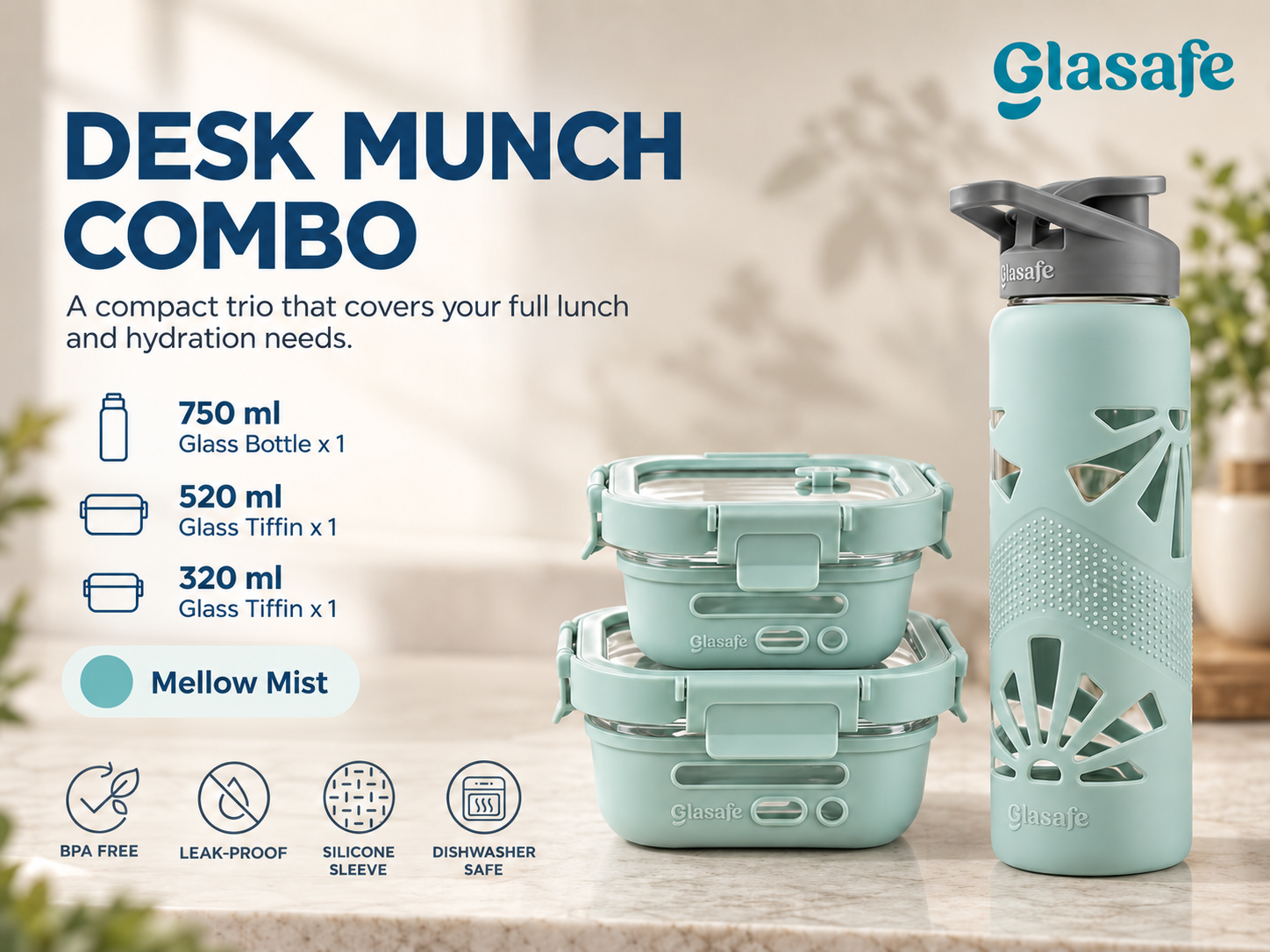 Glasafe Desk Munch Combo 750ml Bottle + 520ml Tiffin + 320ml Tiffin