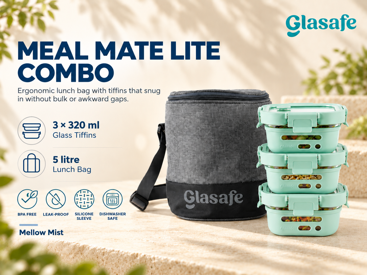 Glasafe Meal Mate Lite Combo 3 x 320ml Tiffins + Bag