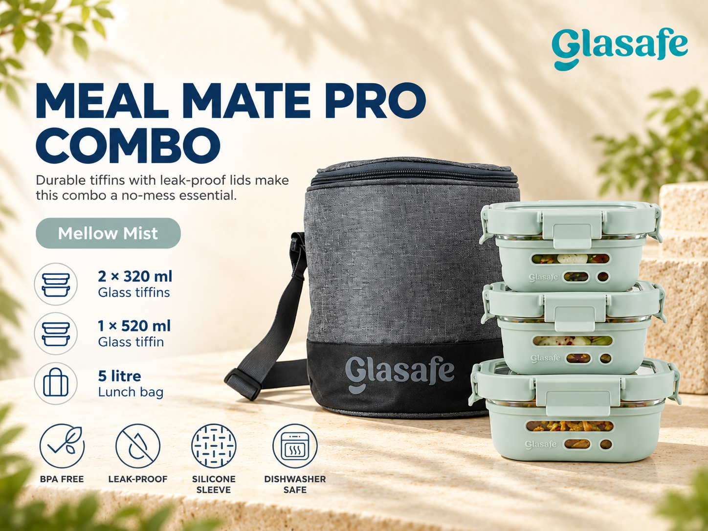 Glasafe Meal Mate Pro Combo 2 x 320ml Tiffins + Bag