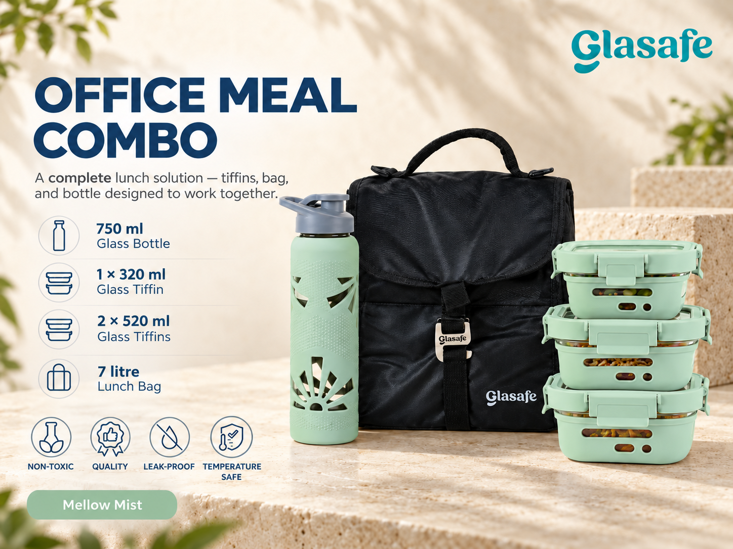 Glasafe Office Meal Combo 750ml Bottle + Tiffins + Bag