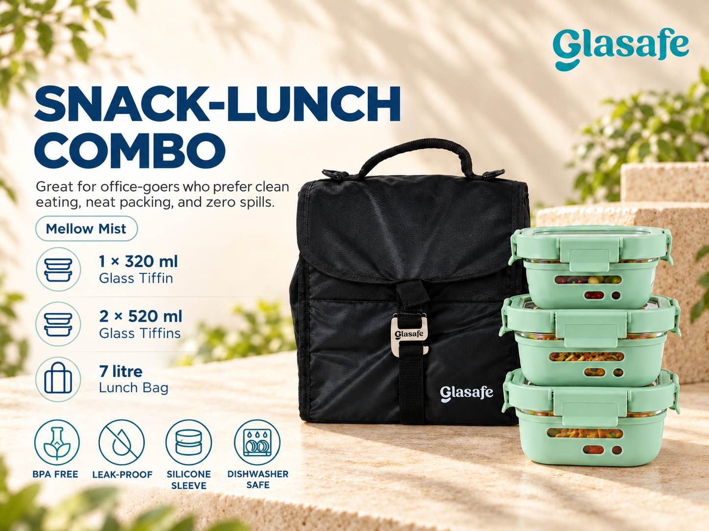 Glasafe Snack Lunch Combo 1x320ml + 2x520ml Tiffins + Bag